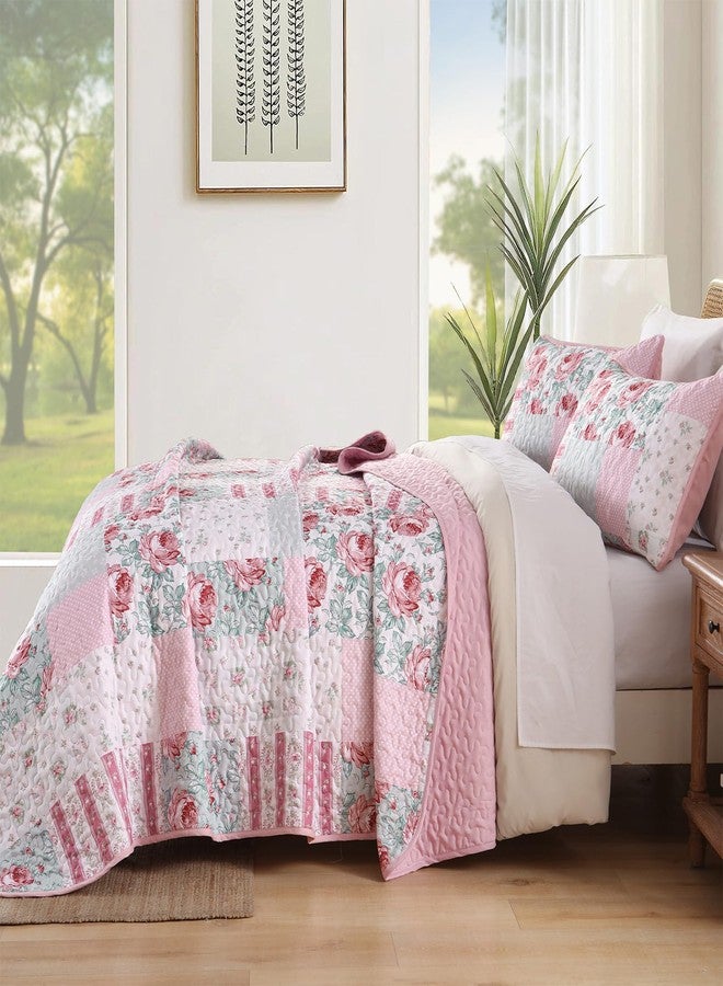 Anibedding 3Pieces Patchwork Quilts Queen Size, Pink Flower Plaid Bedspreads with Double Pillowcases for All Season - Image 3
