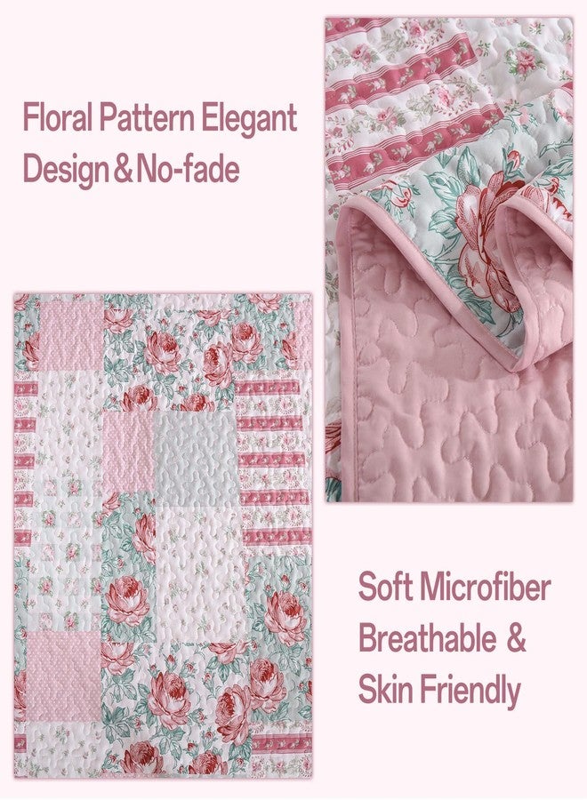 Anibedding 3Pieces Patchwork Quilts Queen Size, Pink Flower Plaid Bedspreads with Double Pillowcases for All Season - Image 4