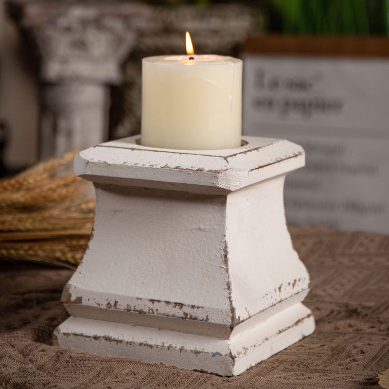 Sofe Shabby Farmhouse Wooden Pillar Candle Holders,Handmade Square White Candle Holder,Rustic Candle Holder for Pillar Candle, Small Candle Holders for Table Centerpiece Holiday Wedding Home Decoration - Image 1