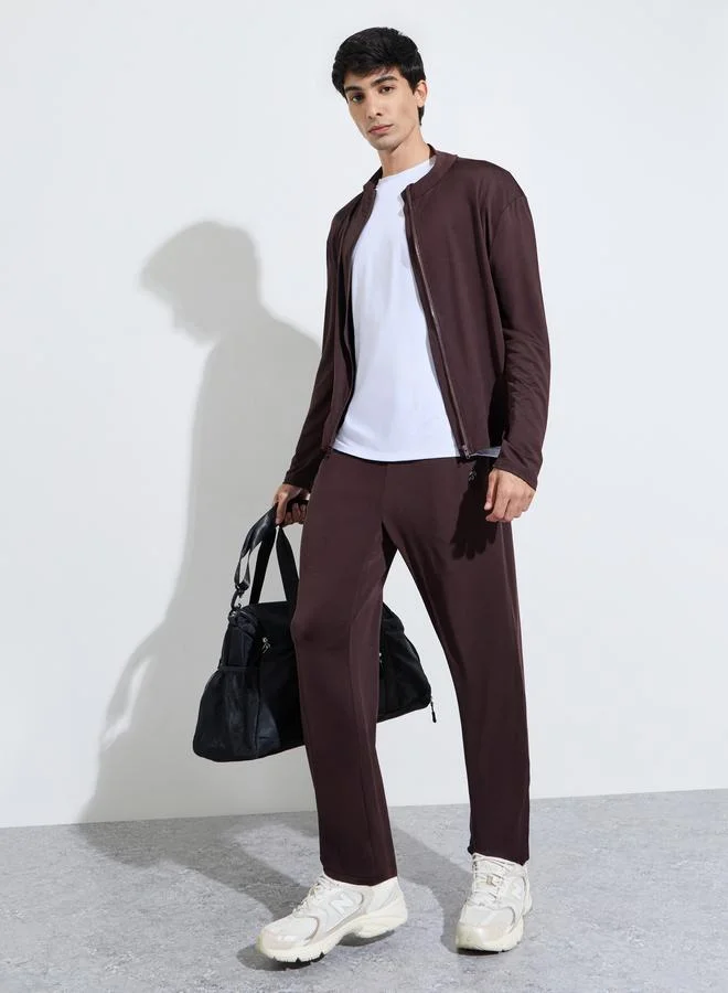 Brown Solid Zip-Up Jacket and Track Pants Active Set