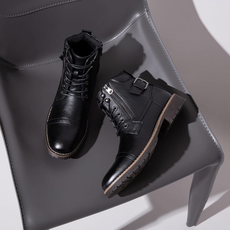 Vostey Men's Motorcycle Combat Ankle Dress Boots - Black - Image 4