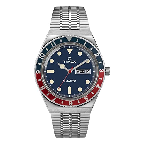 Timex Q Men's 38mm Watch – 1979 Reissue Silver-Tone Case Blue Dial Blue/Red Top Ring with Stainless Steel Bracelet - Image 1