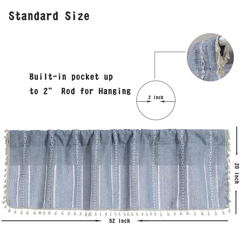 RoomTalks Boho Kitchen Valances for Windows Embroidered French Striped Farmhouse Vintage Chic Textured Tassel Curtain Valances for Bathroom Living Room Bohemian Decor (18â€™â€™L x 52â€™â€™W, Blue) - Image 5