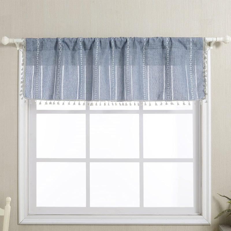 RoomTalks Boho Kitchen Valances for Windows Embroidered French Striped Farmhouse Vintage Chic Textured Tassel Curtain Valances for Bathroom Living Room Bohemian Decor (18â€™â€™L x 52â€™â€™W, Blue) - Image 3