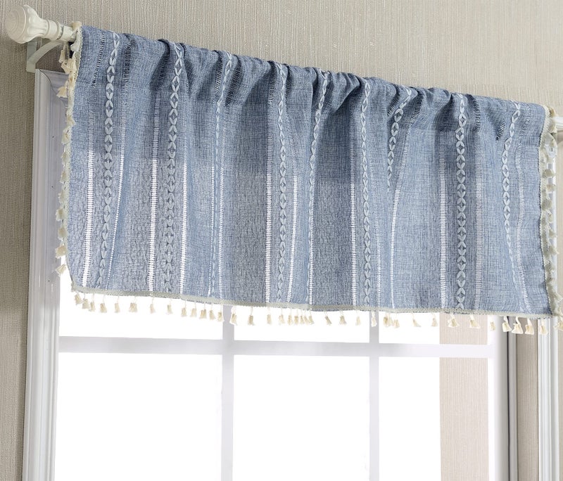 RoomTalks Boho Kitchen Valances for Windows Embroidered French Striped Farmhouse Vintage Chic Textured Tassel Curtain Valances for Bathroom Living Room Bohemian Decor (18â€™â€™L x 52â€™â€™W, Blue) - Image 1
