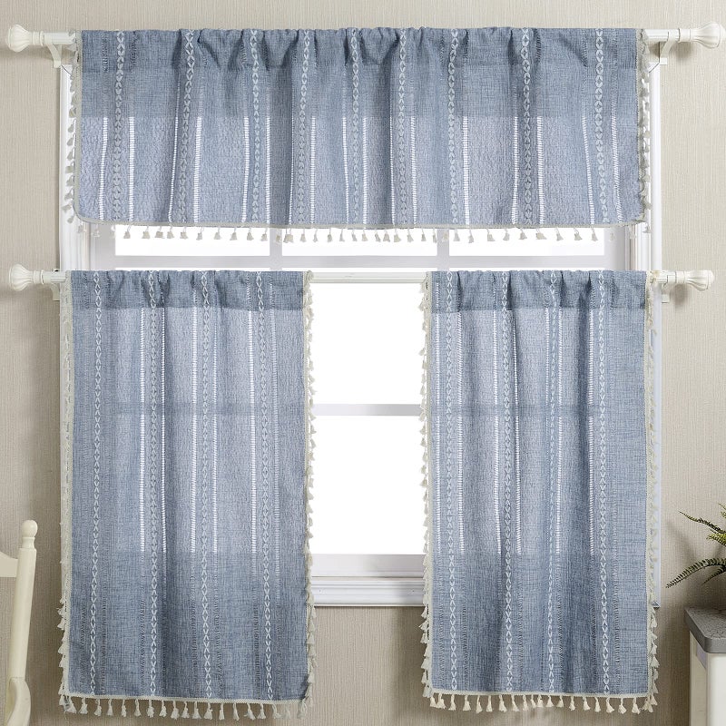 RoomTalks Boho Kitchen Valances for Windows Embroidered French Striped Farmhouse Vintage Chic Textured Tassel Curtain Valances for Bathroom Living Room Bohemian Decor (18â€™â€™L x 52â€™â€™W, Blue) - Image 4