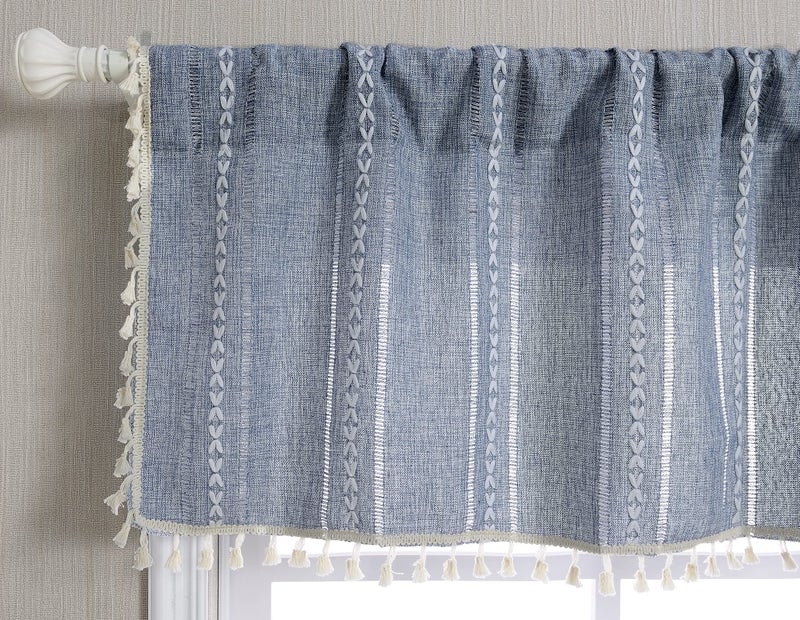 RoomTalks Boho Kitchen Valances for Windows Embroidered French Striped Farmhouse Vintage Chic Textured Tassel Curtain Valances for Bathroom Living Room Bohemian Decor (18â€™â€™L x 52â€™â€™W, Blue) - Image 2