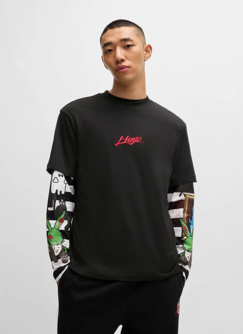 هوجو Cotton-jersey relaxed-fit T-shirt with logo prints