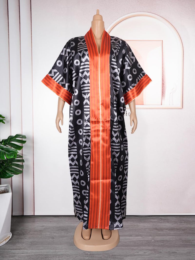 HD African Print Boubou Dress for Woman Black Kaftan Casual Gown Half Sleeves - Image 2