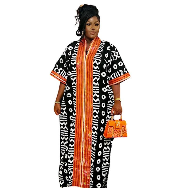 HD African Print Boubou Dress for Woman Black Kaftan Casual Gown Half Sleeves - Image 1