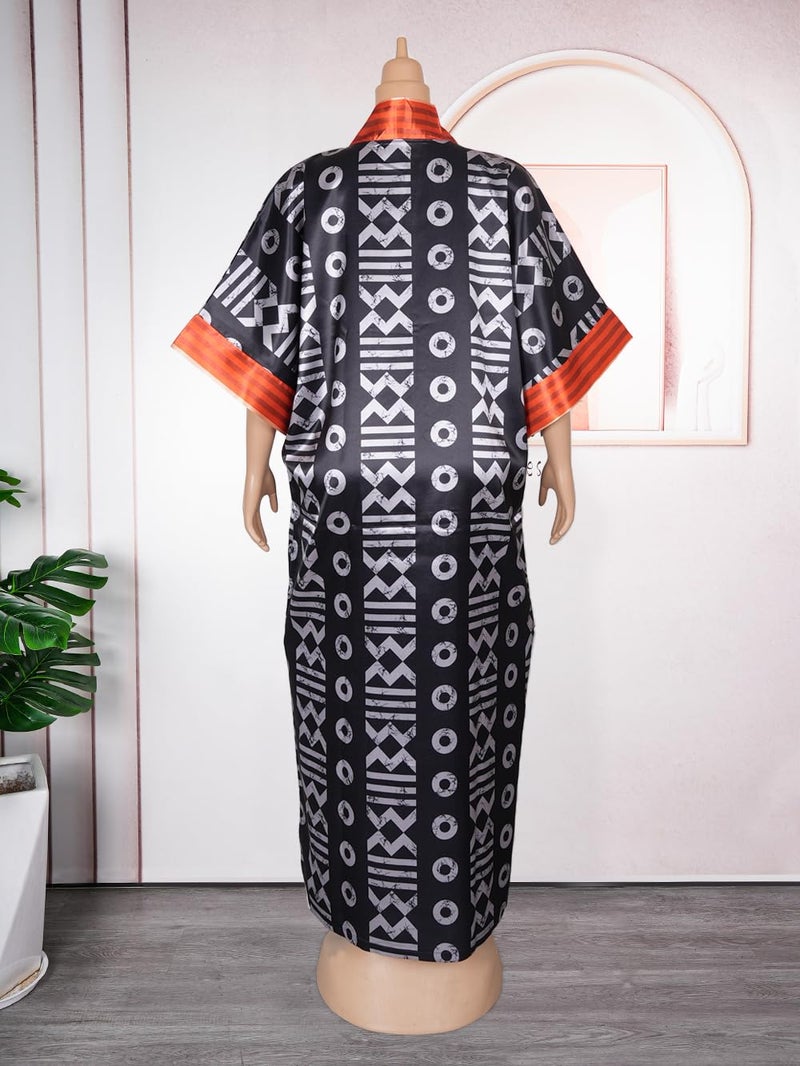 HD African Print Boubou Dress for Woman Black Kaftan Casual Gown Half Sleeves - Image 3