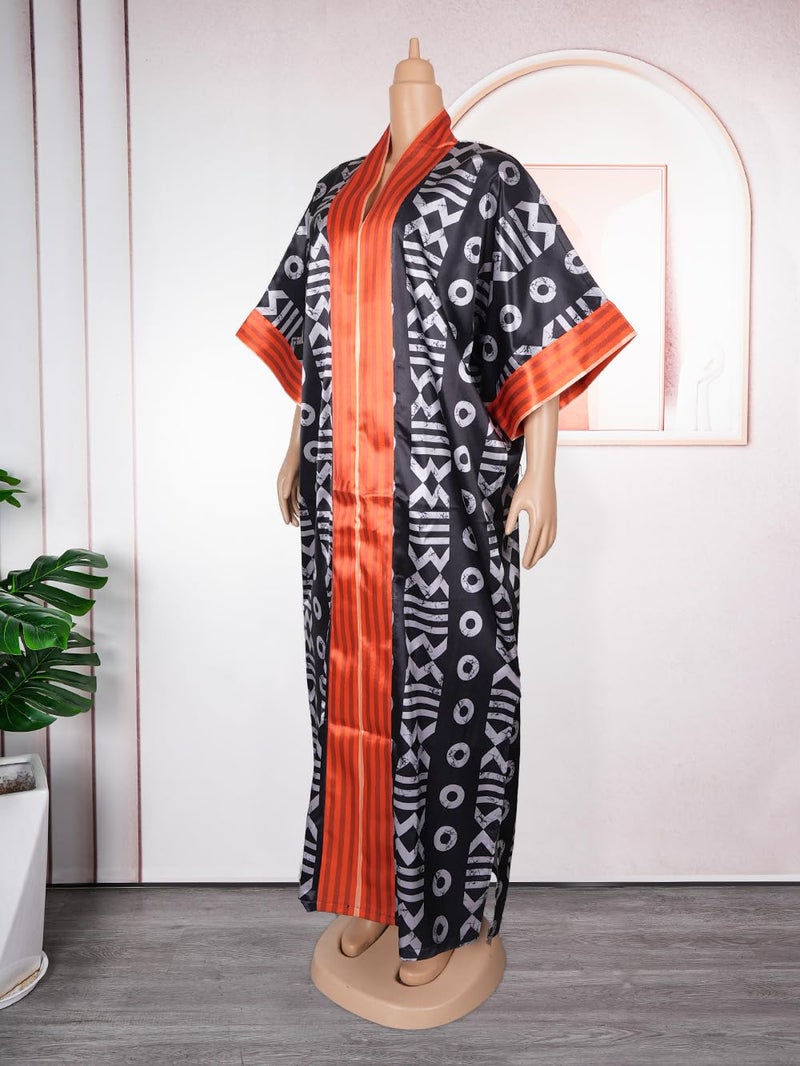 HD African Print Boubou Dress for Woman Black Kaftan Casual Gown Half Sleeves - Image 5