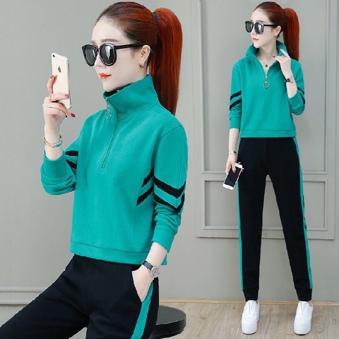 2022 Casual Sports Suit Set Womens Loose Fashion Color Block Long Sleeve Sweatshirt TWY#792# Lake Green