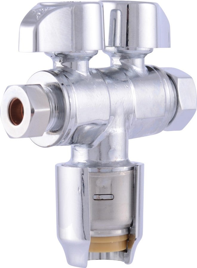 SharkBite Max Dual Shut Off Quarter-Turn Brass Ball Valve, 1/2 Inch Push to Connect x 3/8 Inch OD Compression x 1/4 Inch OD Compression, Chrome, URDS123814 - Image 1