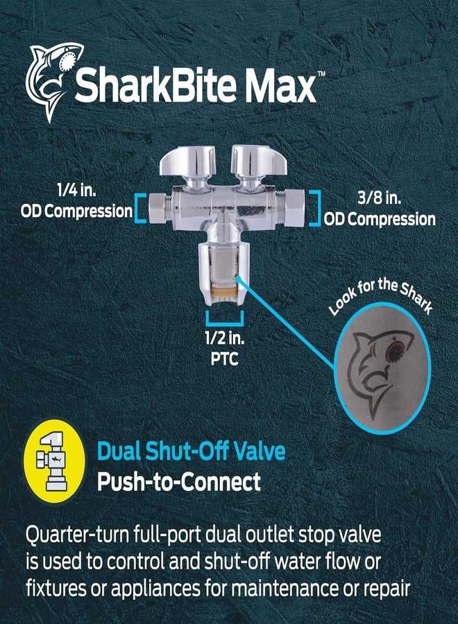 SharkBite Max Dual Shut Off Quarter-Turn Brass Ball Valve, 1/2 Inch Push to Connect x 3/8 Inch OD Compression x 1/4 Inch OD Compression, Chrome, URDS123814 - Image 2