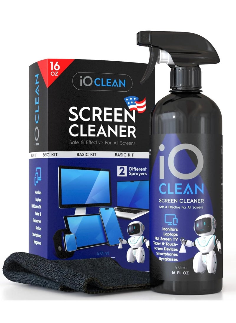 iO CLEAN - Screen Cleaner Spray (16oz - 473ml) – Best Large Cleaning Kit for LCD LED OLED TV, Smartphone, iPad, Laptop, Touchscreen, Computer Monitor, Electronics - Image 1