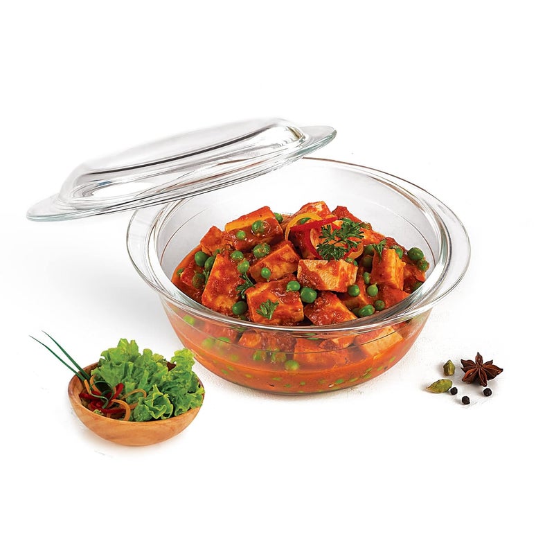 TREO by Milton 1700 Round Borosilicate Glass Casserole, Bake N Serve Deep Round, 1 Piece, 1675ml, Transparent, Dishwasher, Refrigerator, Microwave & Oven Safe, Dish Bowl - Image 1