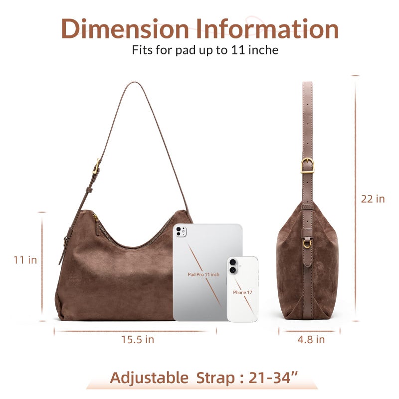 SYTRAH Hobo Bags for Women Slouchy Shoulder Suede Purse, Soft Crossbody Handbag with Multiple Pockets Casual Tote Purse with Adjustable Strap Coffee - Image 5