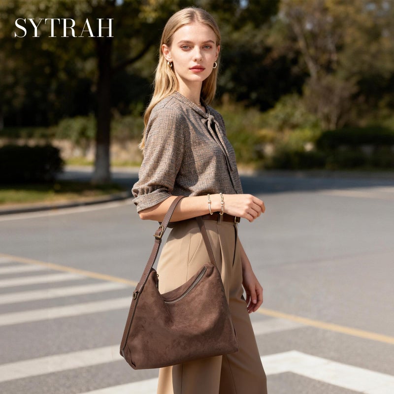 SYTRAH Hobo Bags for Women Slouchy Shoulder Suede Purse, Soft Crossbody Handbag with Multiple Pockets Casual Tote Purse with Adjustable Strap Coffee - Image 3