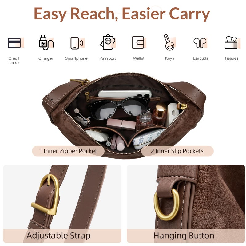 SYTRAH Hobo Bags for Women Slouchy Shoulder Suede Purse, Soft Crossbody Handbag with Multiple Pockets Casual Tote Purse with Adjustable Strap Coffee - Image 4