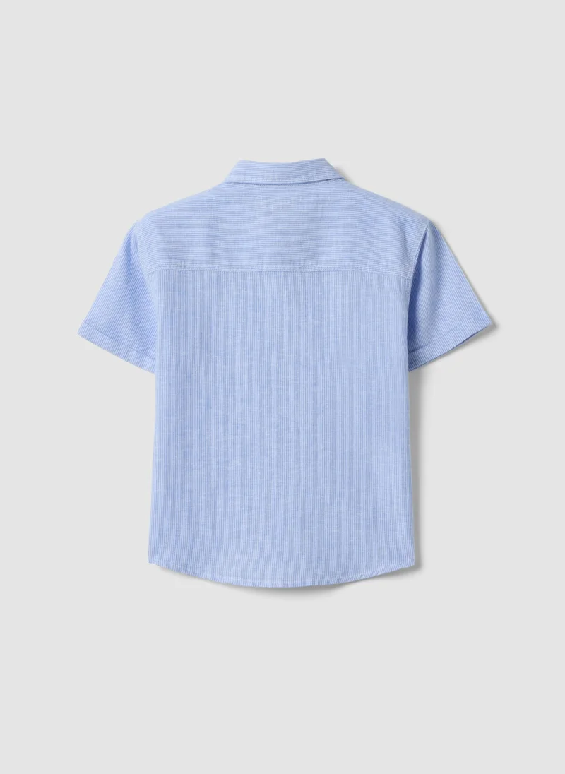 او في اس OVS Boysâ€™ Blue Striped Linen-Cotton Blend Shirt, Regular Fit