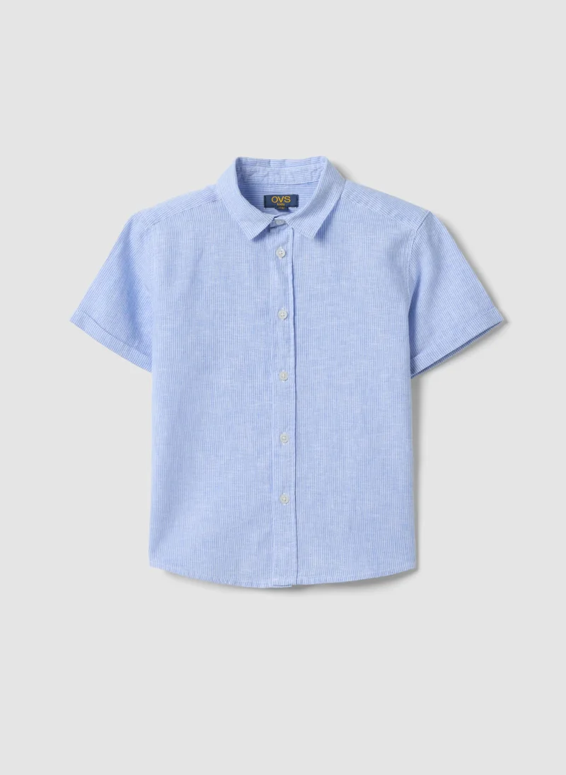 او في اس OVS Boysâ€™ Blue Striped Linen-Cotton Blend Shirt, Regular Fit