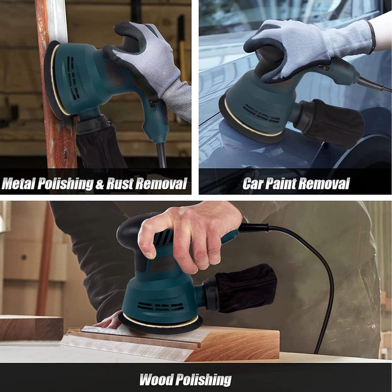 300W 125Mm Random Orbital Sander, 6 Variable Speeds Orbit Sander, Electric Detailing Palm Sander Kit With 10Pcs Sandpapers, Dust Collector, Ideal Power Sander For Woodworking - Image 3