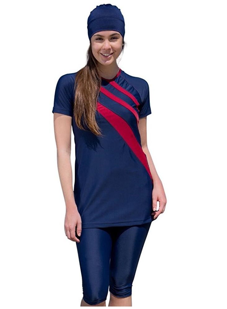 Loquat Women's Conservative Short Sleeve Splicing Swimwear 
