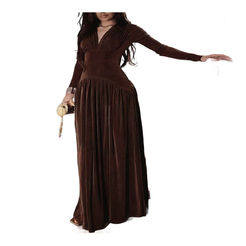 Elegant Long Sleeve Velvet Dress with Waist Definition for Winter - Image 1