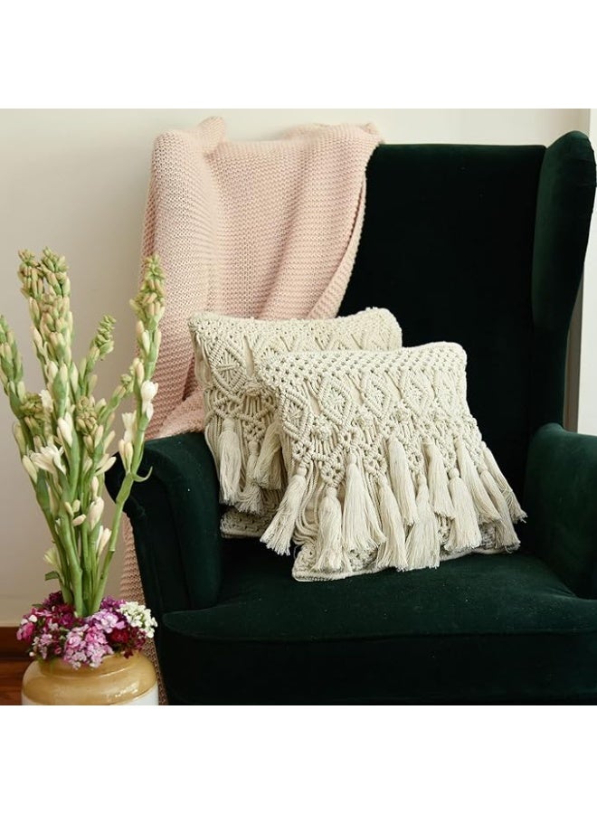 HMK CRAFTS غطاء مخدة مكرمية مزخرف مصنوع يدويًا غطاء مخدة أنيق منسوج يدويًا للكنبة وغرف المعيشة، يتضمن سوستة، - Image 2
