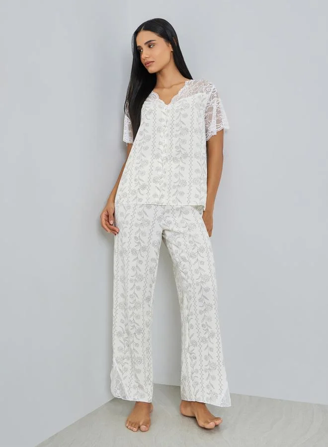 Styli Floral Print Lace Trim Top and Pyjama Set