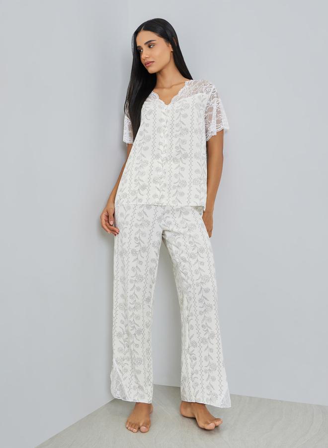 Styli Floral Print Lace Trim Top and Pyjama Set - Image 1