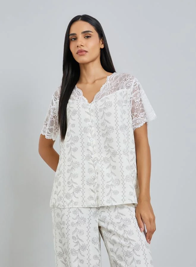 Styli Floral Print Lace Trim Top and Pyjama Set