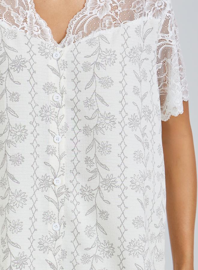 Styli Floral Print Lace Trim Top and Pyjama Set - Image 3