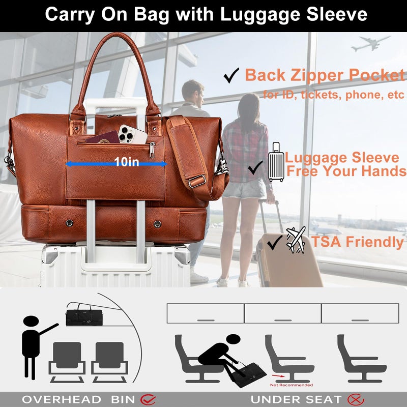weiatas Faux Leather Travel Duffel Bag for Women Men, Large Weekender Overnight Bag with Shoes Compartment, Waterproof Carry On Bag Travel Tote Bag Gym Bag with Luggage Strap (Brown) - Image 4