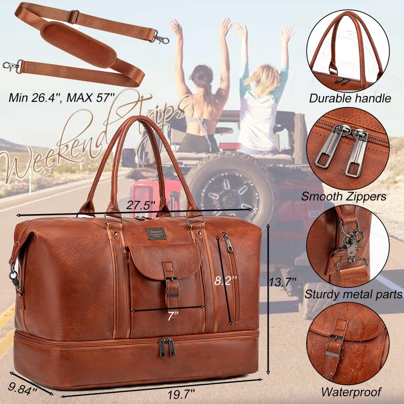 weiatas Faux Leather Travel Duffel Bag for Women Men, Large Weekender Overnight Bag with Shoes Compartment, Waterproof Carry On Bag Travel Tote Bag Gym Bag with Luggage Strap (Brown) - Image 5
