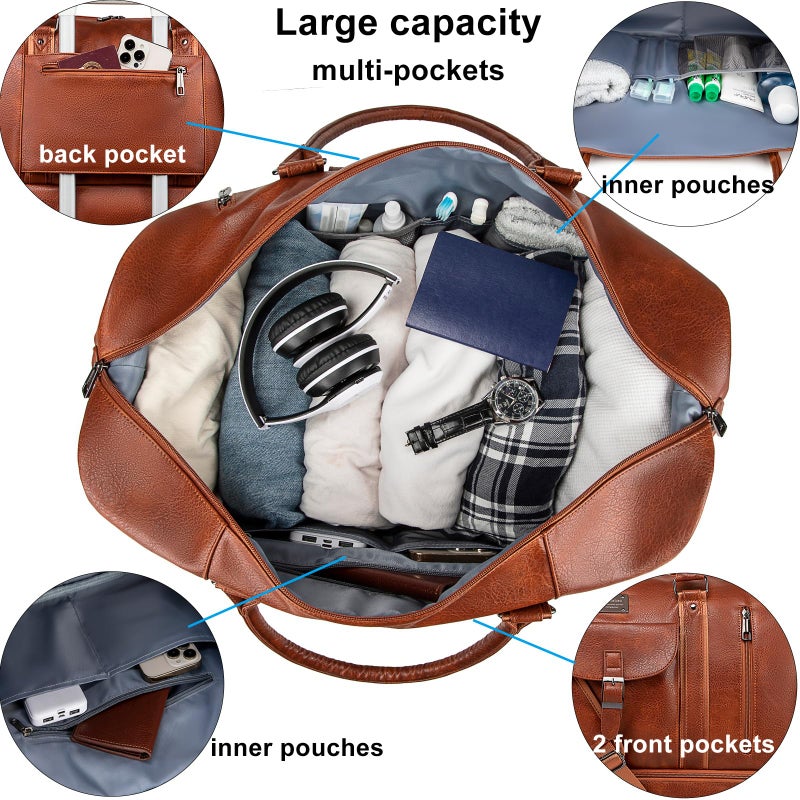 weiatas Faux Leather Travel Duffel Bag for Women Men, Large Weekender Overnight Bag with Shoes Compartment, Waterproof Carry On Bag Travel Tote Bag Gym Bag with Luggage Strap (Brown) - Image 2