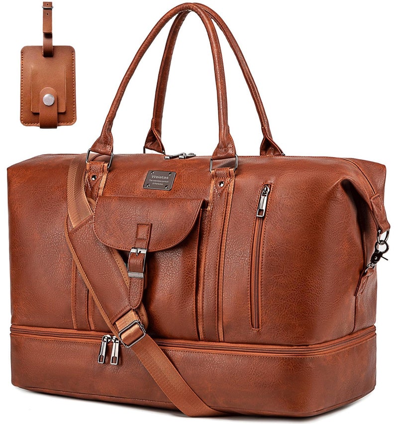 weiatas Faux Leather Travel Duffel Bag for Women Men, Large Weekender Overnight Bag with Shoes Compartment, Waterproof Carry On Bag Travel Tote Bag Gym Bag with Luggage Strap (Brown) - Image 1