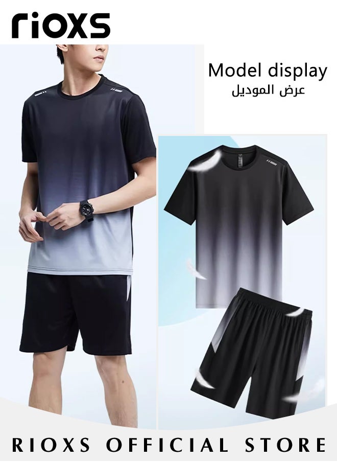 RIOXS - Men's 2-Piece Athletic Tracksuit with Gradient Color, Casual Workout Sportswear Set, Crew Neck T-shirts and Loose Leg Shorts, Great for Daily Wear and Sports - Image 1