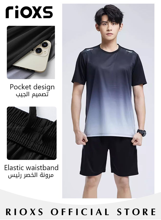 RIOXS - Men's 2-Piece Athletic Tracksuit with Gradient Color, Casual Workout Sportswear Set, Crew Neck T-shirts and Loose Leg Shorts, Great for Daily Wear and Sports - Image 1