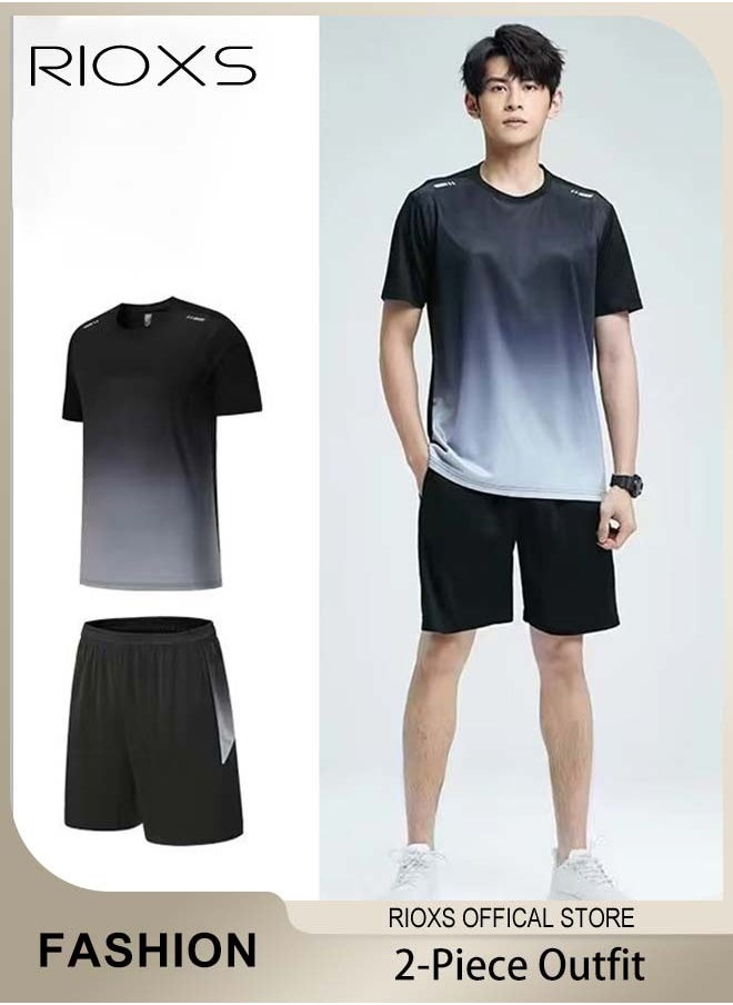 RIOXS - Men's 2-Piece Athletic Tracksuit with Gradient Color, Casual Workout Sportswear Set, Crew Neck T-shirts and Loose Leg Shorts, Great for Daily Wear and Sports - Image 1