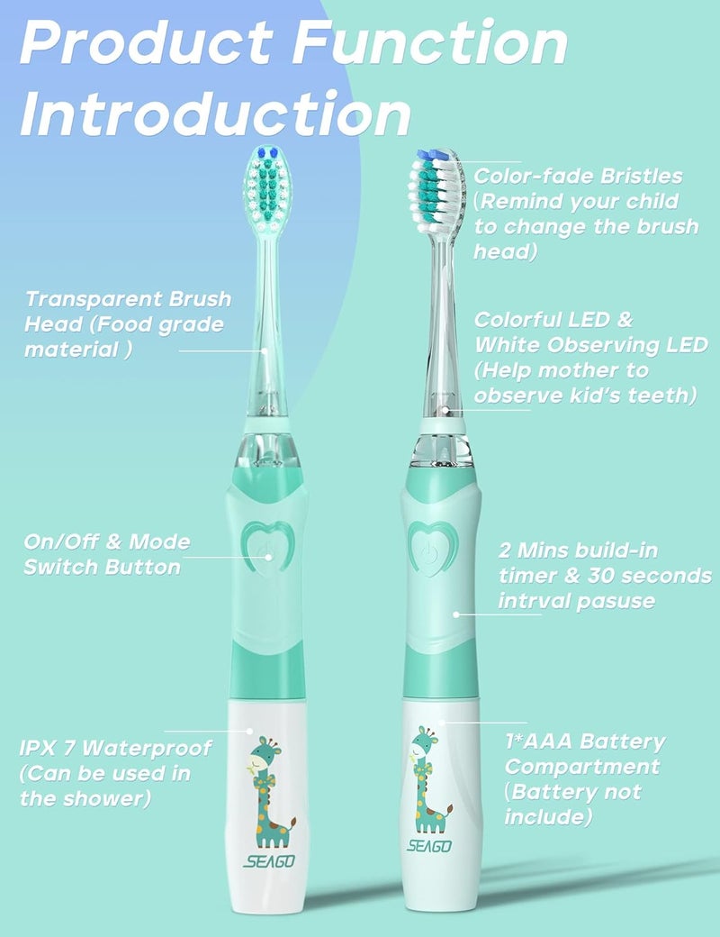 Seago Kids Electric Toothbrush with 2 Mins Brushing Timer and 4 Replacement Bursh Heads, Rainbow LED Light Make Brushing Fun, Green Color Boys Battery Powerd Toothbrush for 4-12 Years Old，SG-977 - Image 5