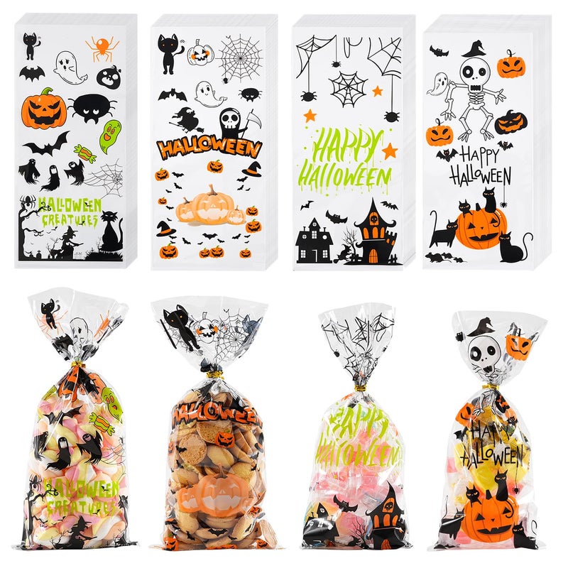 ONFAON Halloween Cellophane Treat Bags 180pcs Halloween Trick or Treat Goody Gags with 200pcs Twists for Snacks Cookies Packing Goodie Bags Party Supplies 108 49in