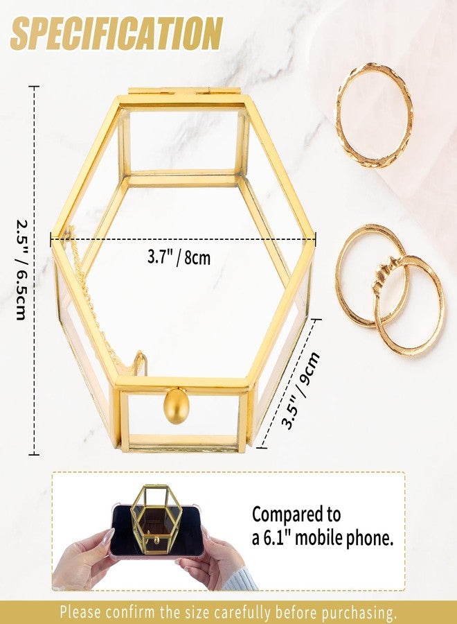 FLKQC Vintage Gold Hexagonal Transparent Jewelry Box, 3.1 x 2.5 x 1.7inch Glass Jewelry Box for Display, Decorative, Trinket Box for Rings, Earrings, Keepsakes, Clear Glass Jewelry Display Case - Image 2