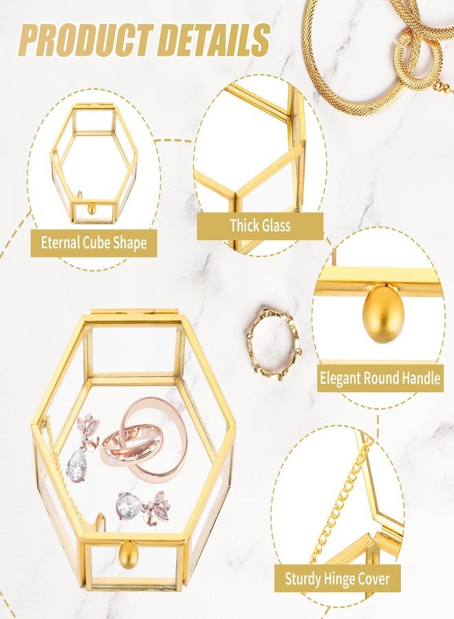 FLKQC Vintage Gold Hexagonal Transparent Jewelry Box, 3.1 x 2.5 x 1.7inch Glass Jewelry Box for Display, Decorative, Trinket Box for Rings, Earrings, Keepsakes, Clear Glass Jewelry Display Case - Image 3