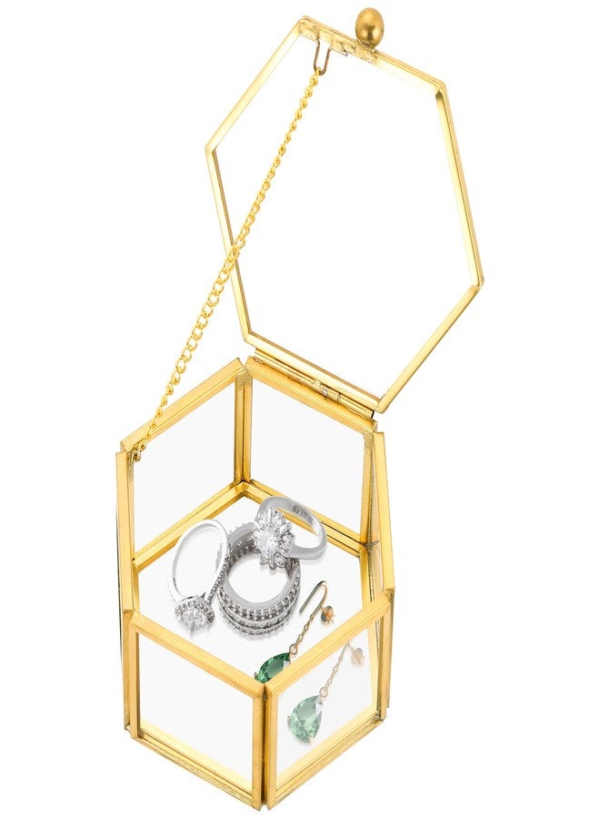FLKQC Vintage Gold Hexagonal Transparent Jewelry Box, 3.1 x 2.5 x 1.7inch Glass Jewelry Box for Display, Decorative, Trinket Box for Rings, Earrings, Keepsakes, Clear Glass Jewelry Display Case - Image 1