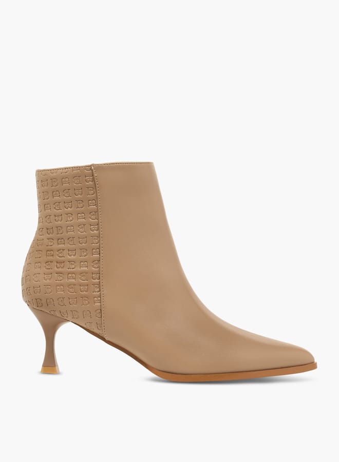 Flora Bella By Shoexpress Women Monogram Embossed Ankle Boots with Kitten Heels and Zip Closure - Image 1