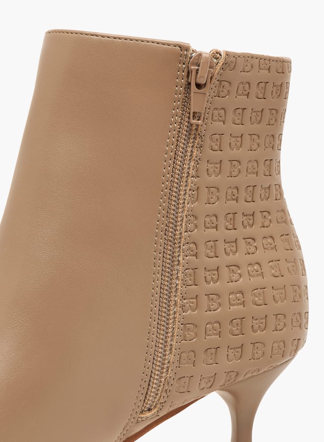 Flora Bella By Shoexpress Women Monogram Embossed Ankle Boots with Kitten Heels and Zip Closure - Image 4