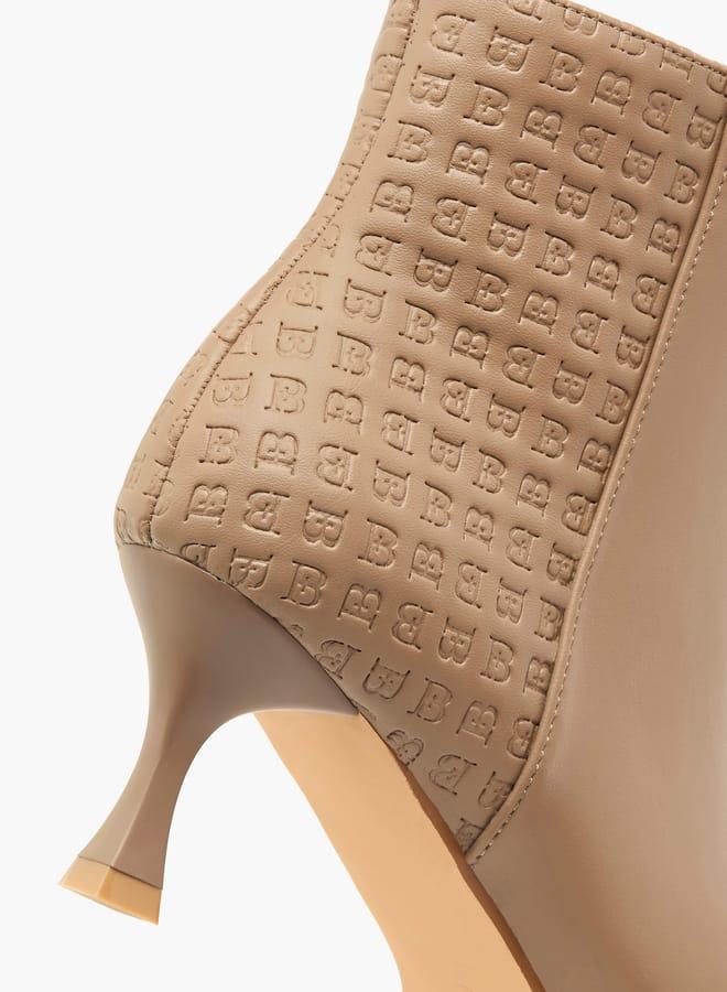Flora Bella By Shoexpress Women Monogram Embossed Ankle Boots with Kitten Heels and Zip Closure - Image 5