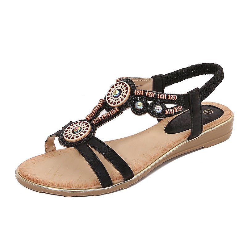 2025 Spring New Bohemian Sandals Round Toe Flat Sandals Women''s Rhinestone Large Size Women''s Sandals - Image 4
